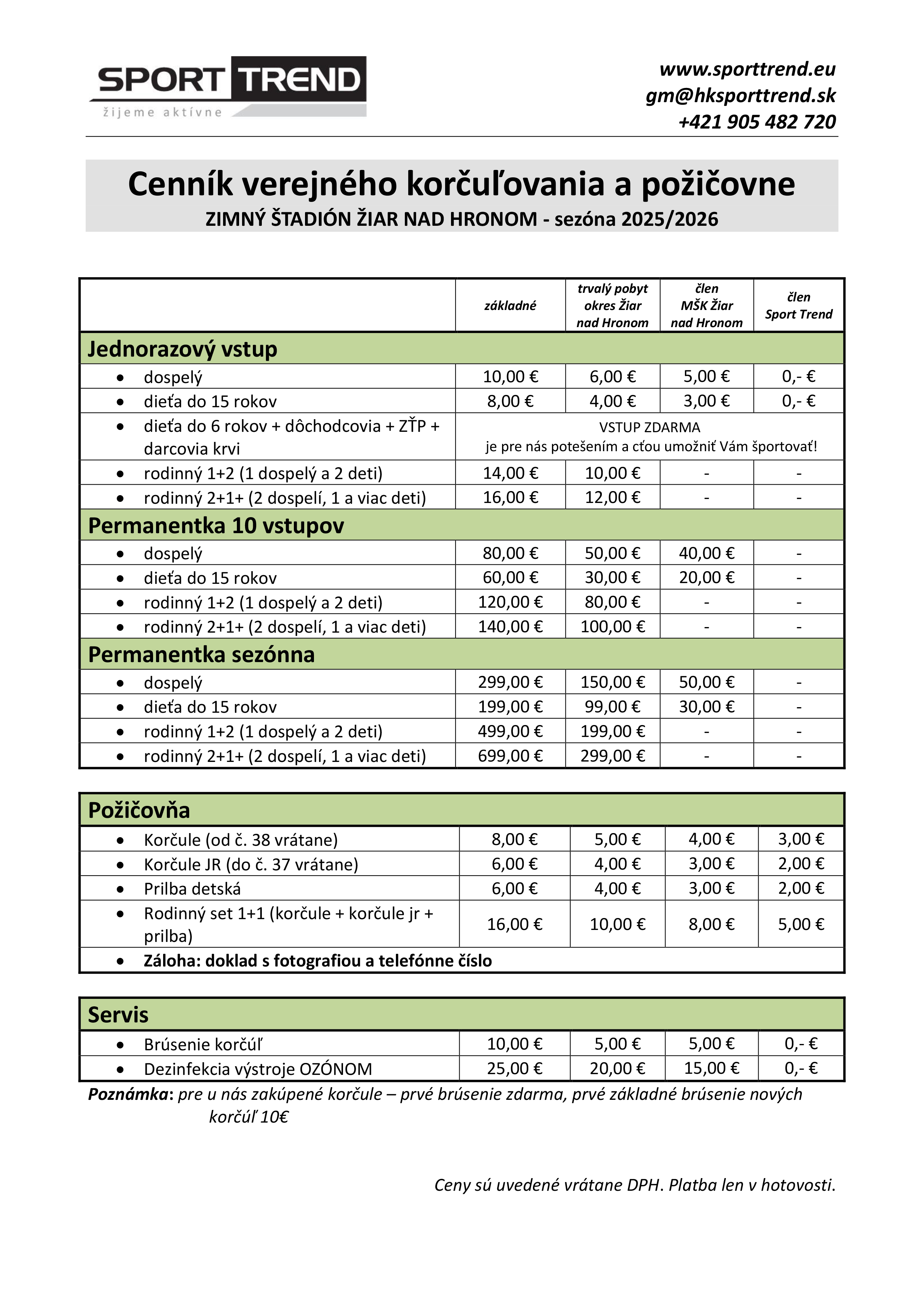 Cenn&iacute;k verejn&eacute;ho korčuľovania a požičovne